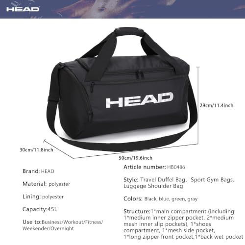 HEAD 45L Waterproof Gym Duffle Bag with Shoe & Wet Pocket - Black