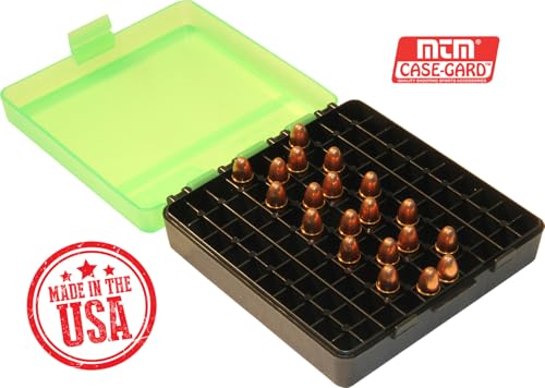 100 Round Ammo Box for 9mm & 380 ACP - Flip-Top Storage Case - Clear Green/Black