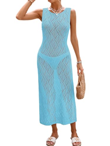 Chic Mesh Knit Beach Cover Up Midi Dress - A-Turquoise, Medium