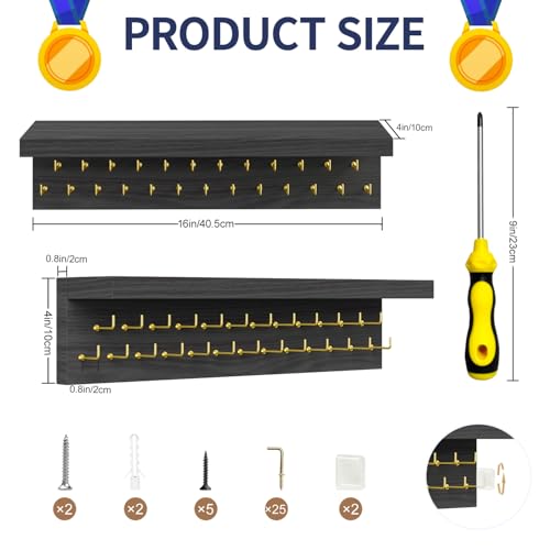 Wooden Medal Display Rack with 25 Steel Hooks - Trophy Shelf Organizer