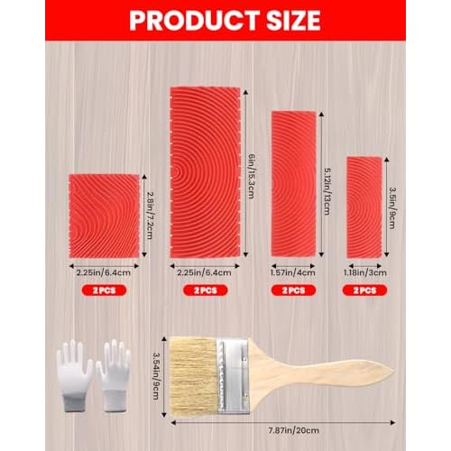 8 Pcs Wood Grain Tool,Faux Wood Graining Painting Tool Set with Brush and Gloves Rubber Wooden Texture Pattern Making Natural Woodgrain Knurling Maker for DIY Wall Room Furniture Decor