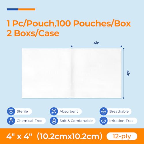 Sterile 4x4 Inch Cotton Gauze Pads 12-Ply Bulk Wound Dressings for First Aid