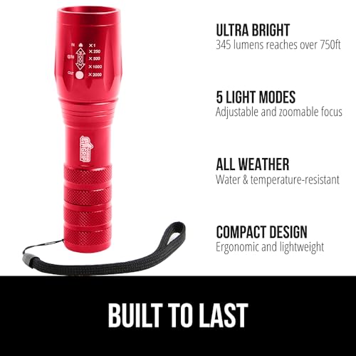 GORILLA GRIP Powerful LED Tactical Flashlight 2-Pack - Red (3x AAA, 5 Modes, Zoomable, 750ft Beam)