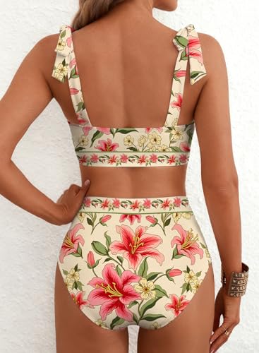 Herseas Women's Tie Shoulder Bikini Sets 2 Piece High Waisted Swimsuit, Multicolor Floral Beige, Medium