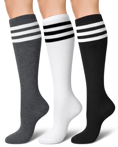 Knee High Cotton Socks for Women - 3 Pairs Dark Grey, White, Black