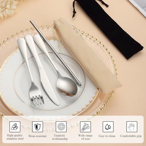 Portable Flatware Set - Reusable Camping Cutlery for Outdoor Use - Black and White Storage Bag
