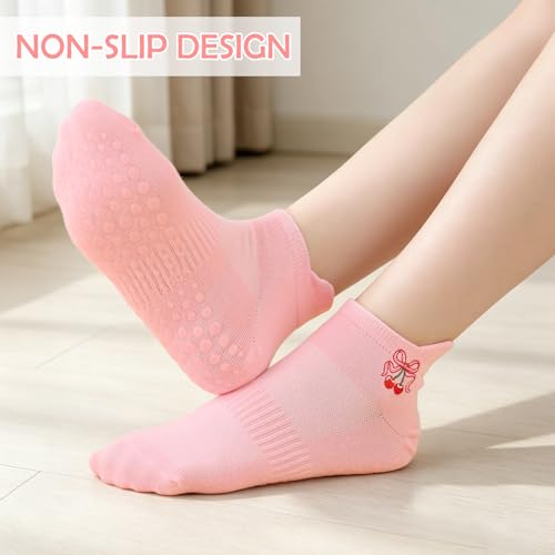 Grippy Non-Slip Pilates Socks for Women - 6 Pairs Red Cherry