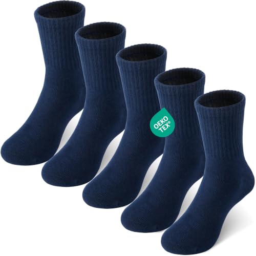 Kids Crew Socks - Combed Cotton, Unisex, 5 Pairs, Small, Navy Blue