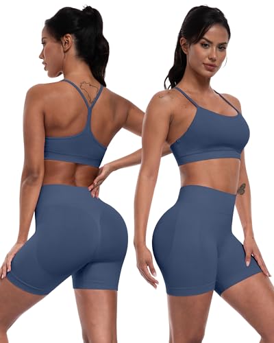 Women’s Navy Blue Seamless Workout Sets - Medium Sports Bras & Gym Yoga Outfits