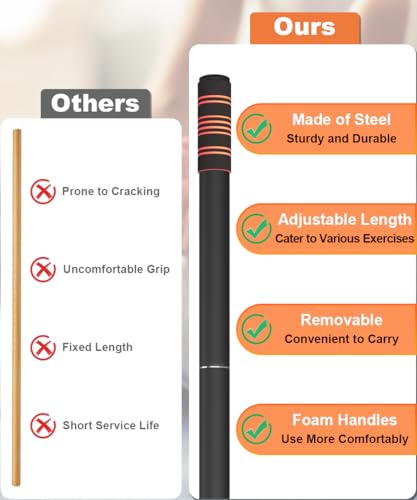 5ft Adjustable Yoga Stick - Heavy-Duty Steel, Foam Grips - Black