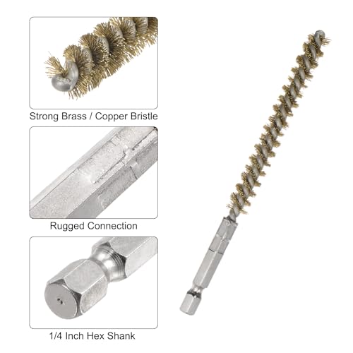 HARFINGTON 5Pcs Bore Brush Brass 8mm Dia Cleaning Twisted Bronze Wire Brush Tube Pipe Cleaner with Handle 1/4 Inch Hex Shank for Tubes, Ports, Bearings