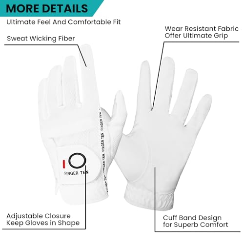 Golf Gloves for Men - 6 Pack, Left Hand, White, Large - All Weather Grip
