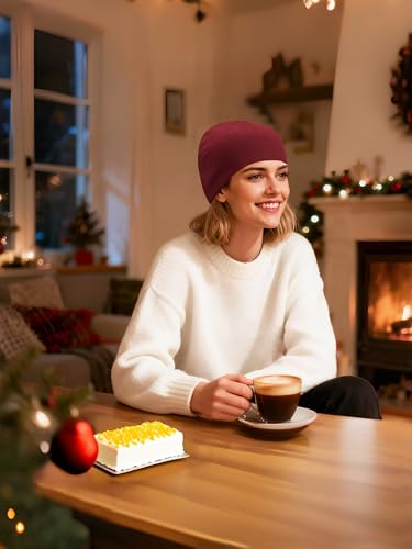 Winter Fleece Beanie - Double-Layer Brim Skull Cap - Burgundy