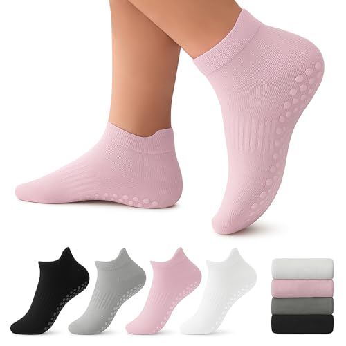 Non-Slip Pilates & Yoga Socks - 4 Pack Combed Cotton Grippy Socks