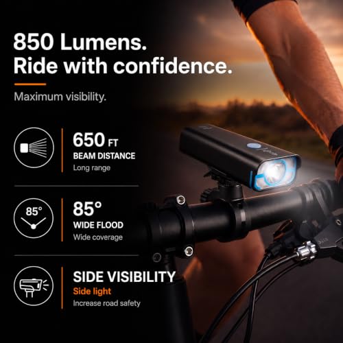 BrightRoad 850 Lumens Bike Front Light with 5 Modes, USB Rechargeable & Rotating Mount