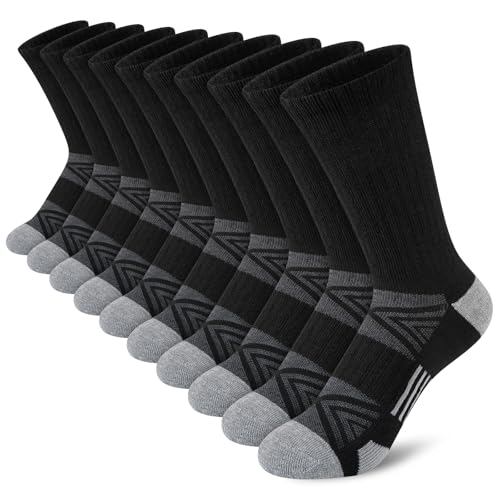 Comfoex Kids' Athletic Crew Socks 10 Pairs for Boys 4-10 Years, Black, Cushioned Sole