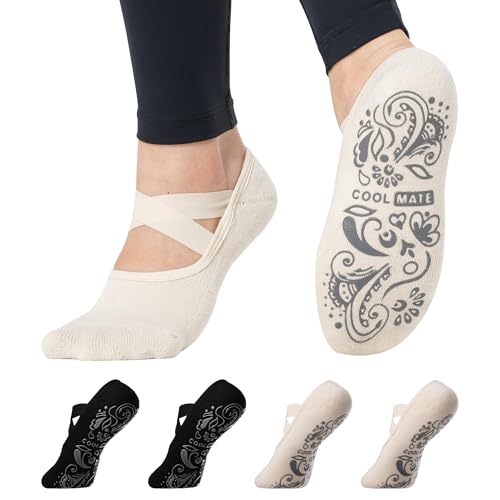 Pilates Socks with Grips for Women - Non-Slip, 2 Pairs Black/Beige