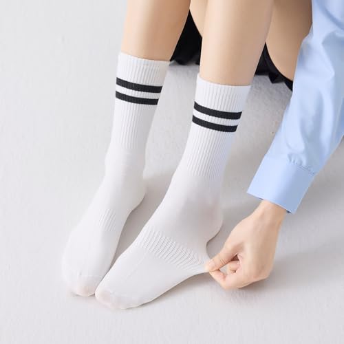 Womens Athletic Striped Crew Socks - 4 Pairs White, Black, Grey, Khaki