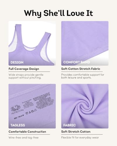 Fruit of the Loom Girls' Cotton Stretch Built-Up Sports Bra Multi-Pack 30/Hyacinth, Eyeshadow, Grey Heather, White, Lilac, Blushing Rose