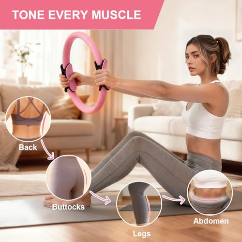 Pilates Kit for Women - 14 Pcs Equipment Set with Ring, Ball & Bands - Pink