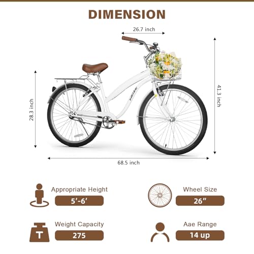 Beach Cruiser Bike 26 inch City Commuter Bicycle - Bright White