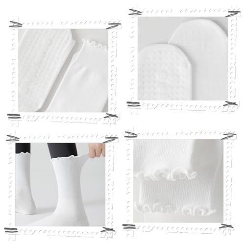 Pilates Socks with Grips - 3 Pairs Non-Slip Ruffle Ankle - White & Black