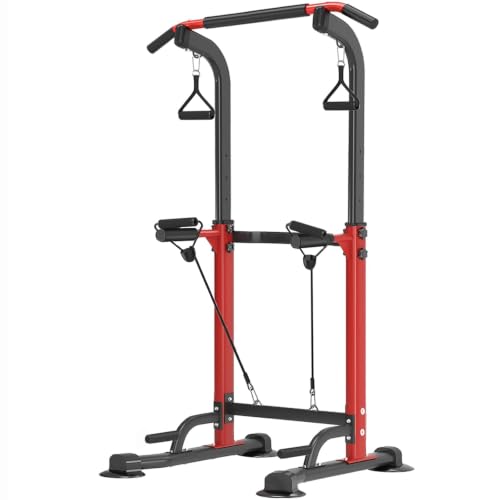 Adjustable Power Tower Pull Up Dip Station - Red, 330lbs Capacity