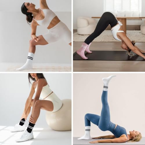 Pilates Socks with Grips - 3 Pairs Non-Slip Ruffle Ankle - White/Black
