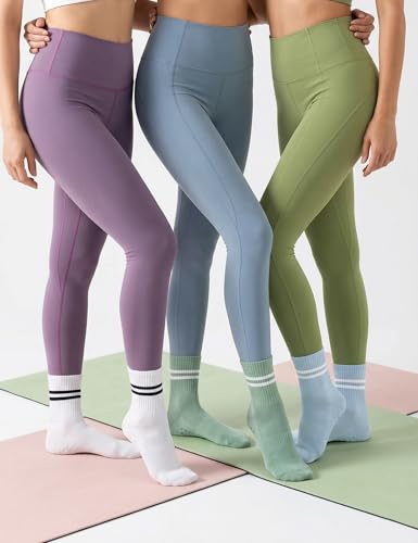 Yoga Socks for Women - Cotton Non-Slip Grips, 2 Pack Green+Blue, Above Ankle