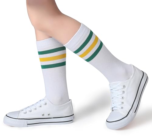 Boys Girls Over the Calf Striped Tube Socks - Green/Yellow/White, Age 4-6