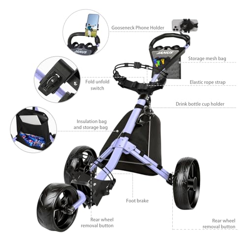 Golf Push Cart - 3-Wheel Foldable with Gooseneck Viewing System - Mist Lavender