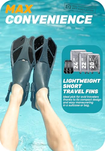 Travel Size Snorkel Fins - Adjustable Lightweight Short Flippers - Black L/XL