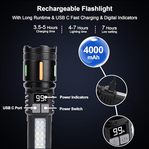 Flashlights High Lumens Rechargeable 3 Packs, 900,000L Led Flashlight Battery Powered with 5 Light Modes, Side Light, USB C, Zoomable, Blue & Red Strobe, Handheld Flash Lights