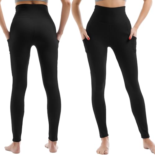 High Waisted Leggings for Women with Two Pockets - Black, S/M