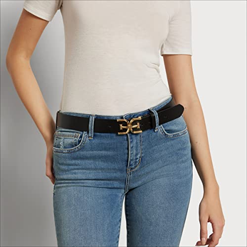 Sam Edelman Women's Double Logo Plaque Leather Belt for Jeans & Trousers - Small Black