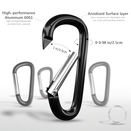 4" Black Aluminum Carabiner Clips - Set of 4 Heavy-Duty D Rings