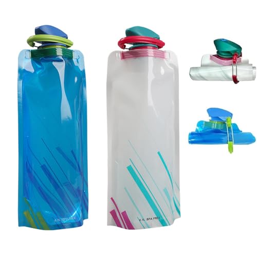 Collapsible Water Bottle – 23oz Leakproof Portable Bottle, White+Blue
