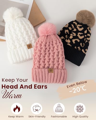 Womens Winter Beanie Hat - Soft Warm Knit Cap with Faux Fur Pom Poms - Black