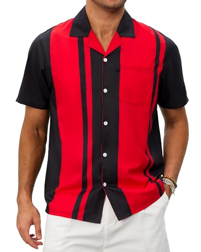 SEAOYOZO Bowling Shirts for Men Short Sleeve Hawaiian Button Down X-Large Black Red Colorblock
