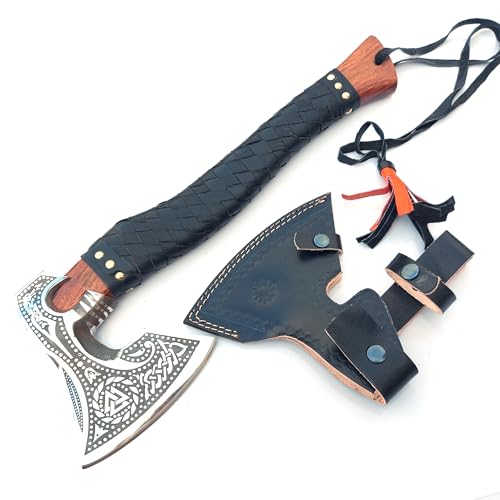Handforged Carbon Steel Viking Axe with Wooden Handle & Leather Sheath – Camping & Outdoor Hatchet