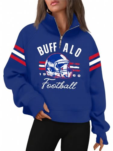 BANGELY Women's Blue Football Game Day Cropped Quarter Zip Sweatshirt - Medium