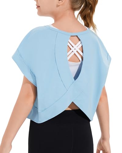 Girls Summer Oversized Cut Out T-Shirt - Open Back Athletic Top, Blue, 11-12 Years