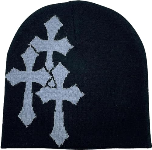 Pooyikoi Y2K Dark Cross Wool Hat for Cold Weather - Black-White, One Size