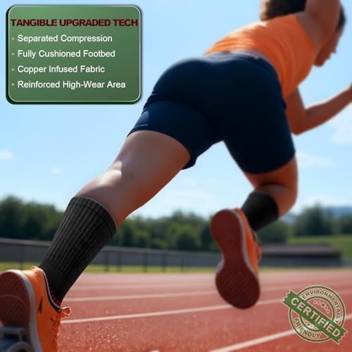 BULLIANT Men 6-Pack Athletic Compression Crew Socks for Running & Gym, Size 11-13, Black
