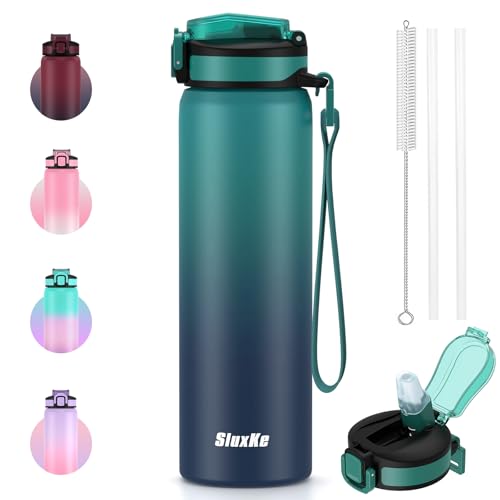 SLUXKE 33.8oz Insulated Stainless Steel Water Bottle with Straw - Blue, 1L, Leak-Proof, BPA-Free, Camping & Sports
