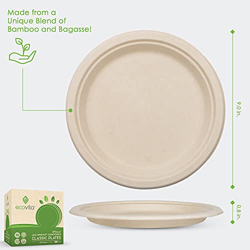 Ecovita Large 100% Compostable Paper Plates - 9 Inch, Eco Friendly, Sturdy, Tree-Free, 150 Pack