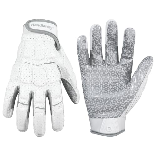 HANDLANDY White Silvery Large Football Gloves Men, Sticky Grip, Impact Padding