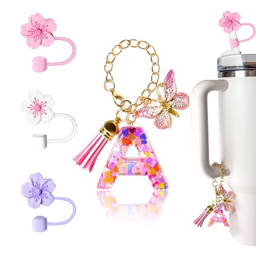 Initial Letter Charm & Silicone Straw Cover Set for 10mm Tumbler Straws - Pink