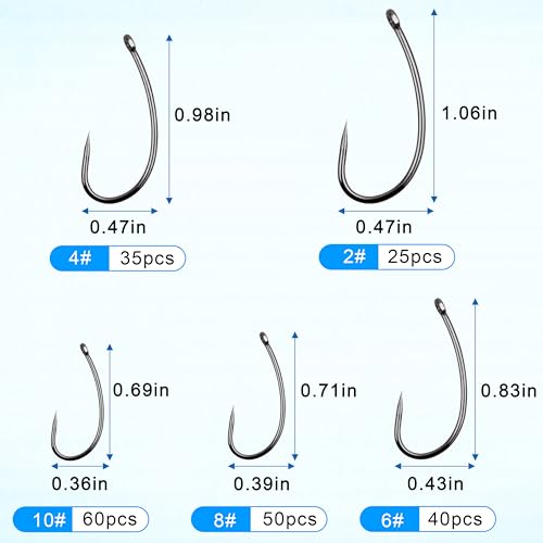 OREOTL 210PCS Barbless Carp Fishing Hooks Kit - Saltwater & Freshwater Curve Shank Circle Hooks for Carp & Bass
