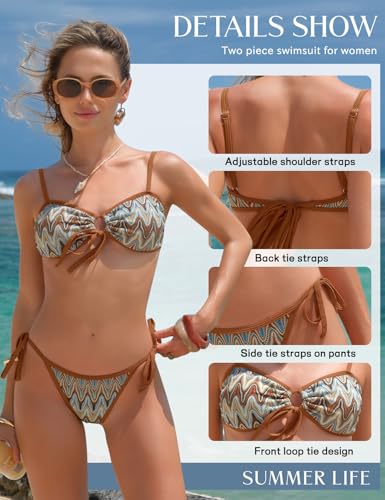 Ribbed Colorblock Stripe Bikini Set - Cheeky Side Tie - Brownish Blue, M